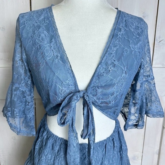 FREE PEOPLE LALA LACE BLUE MINI SKIRT DRESS MEDIUM NWOT TIE BACK FRONT RUFFLE FP - Picture 7 of 9